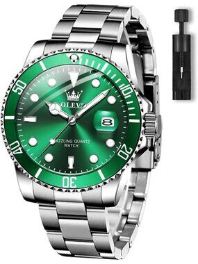 Men's Green Premium Silver Stainless Analog Rotatable Bezel Date Steel Watch